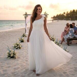 Destination Wedding Dress 8 One-Shoulder Floral Applique‎ Chiffon Overskirt NWT